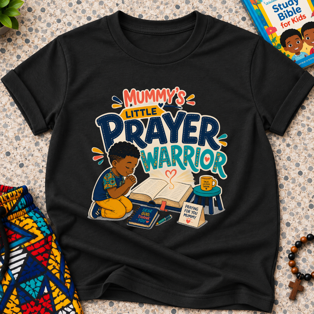 Mummy's Little Prayer Warrior Christian kids shirt in black featuring a child praying beside books and faith-inspired details
