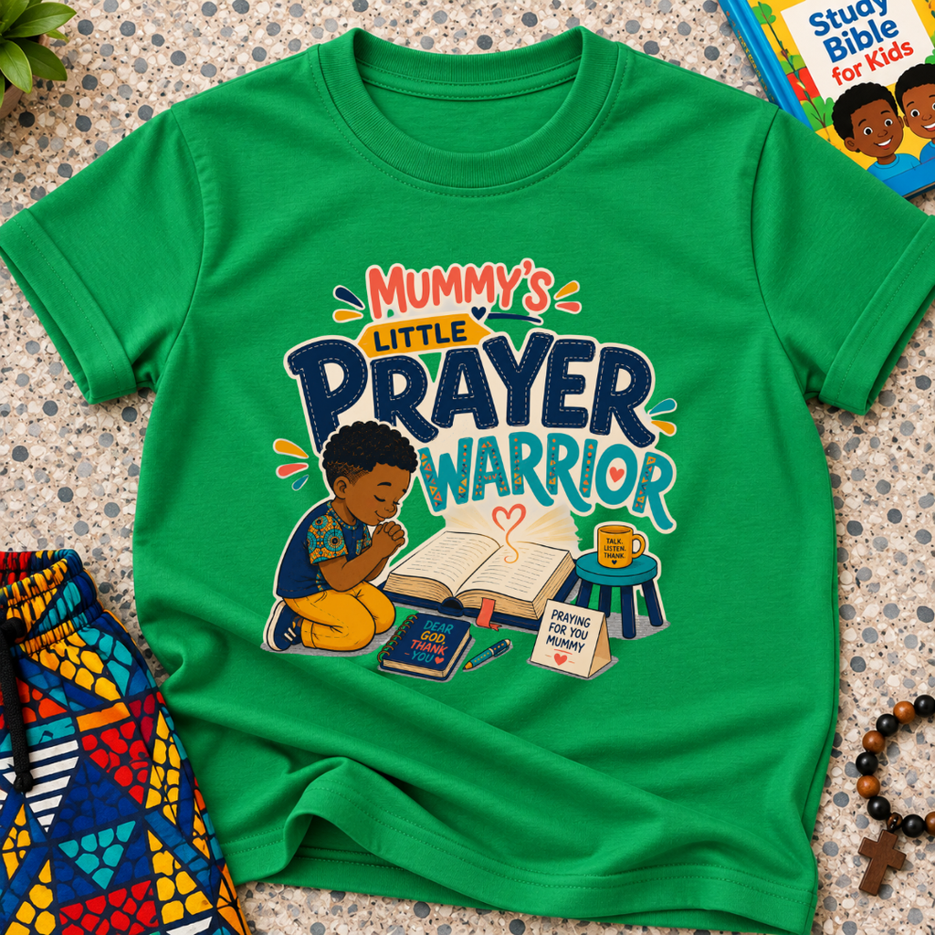 Mummy's Little Prayer Warrior Christian kids shirt in green featuring a child praying beside books and faith-inspired details
