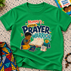 Mummy's Little Prayer Warrior Christian kids shirt in green featuring a child praying beside books and faith-inspired details
