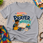 Mummy's Little Prayer Warrior Christian kids shirt in grey featuring a child praying beside books and faith-inspired details
