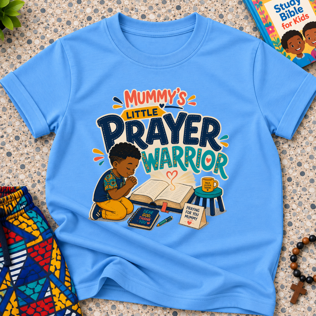 Mummy's Little Prayer Warrior Christian kids shirt in grey featuring a child praying beside books and faith-inspired details
