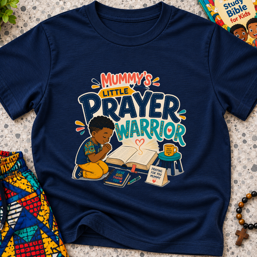 Mummy's Little Prayer Warrior Christian kids shirt in navy blue featuring a child praying beside books and faith-inspired details
