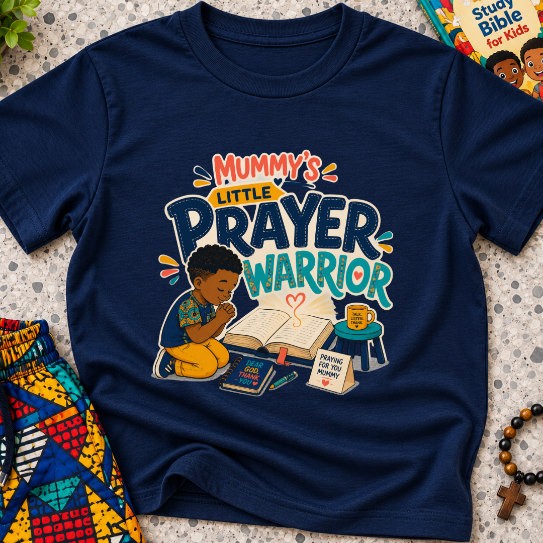 Mummy's Little Prayer Warrior Christian kids shirt in navy blue featuring a child praying beside books and faith-inspired details
