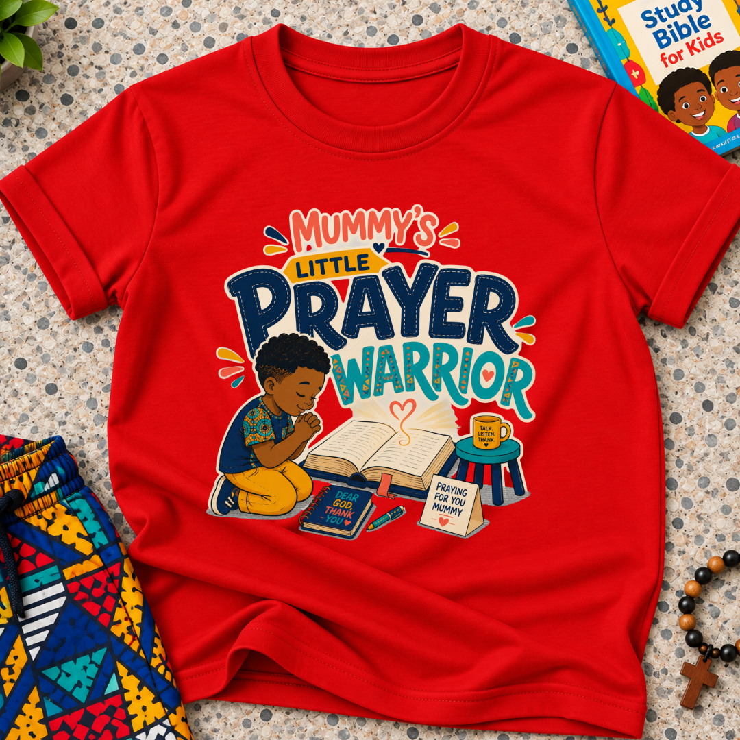 Mummy's Little Prayer Warrior Christian kids shirt in red featuring a child praying beside books and faith-inspired details

