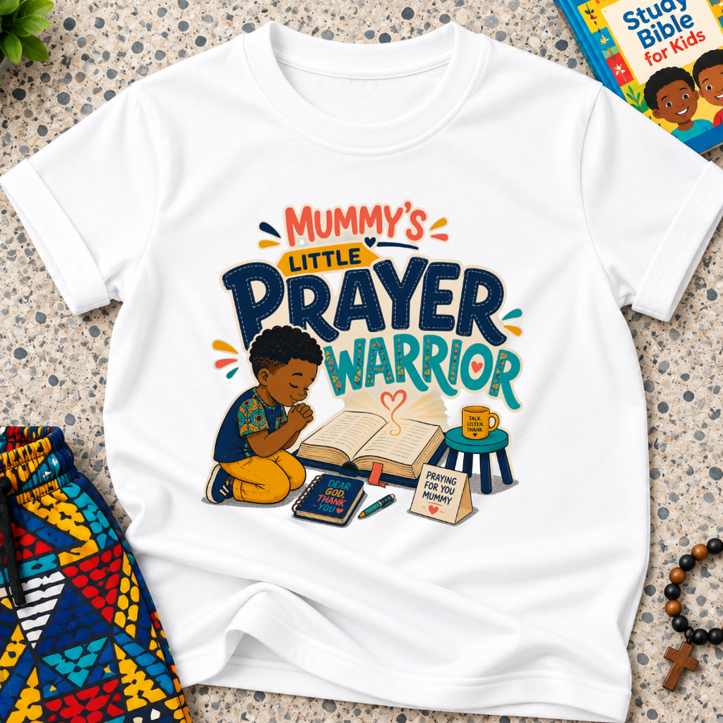 Mummy's Little Prayer Warrior Christian kids shirt in white featuring a child praying beside books and faith-inspired details
