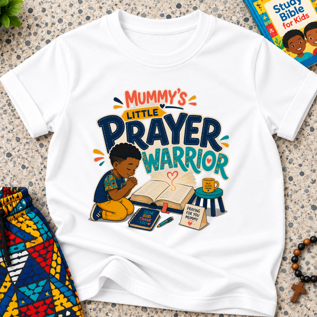 Mummy's Little Prayer Warrior Christian kids shirt in white featuring a child praying beside books and faith-inspired details
