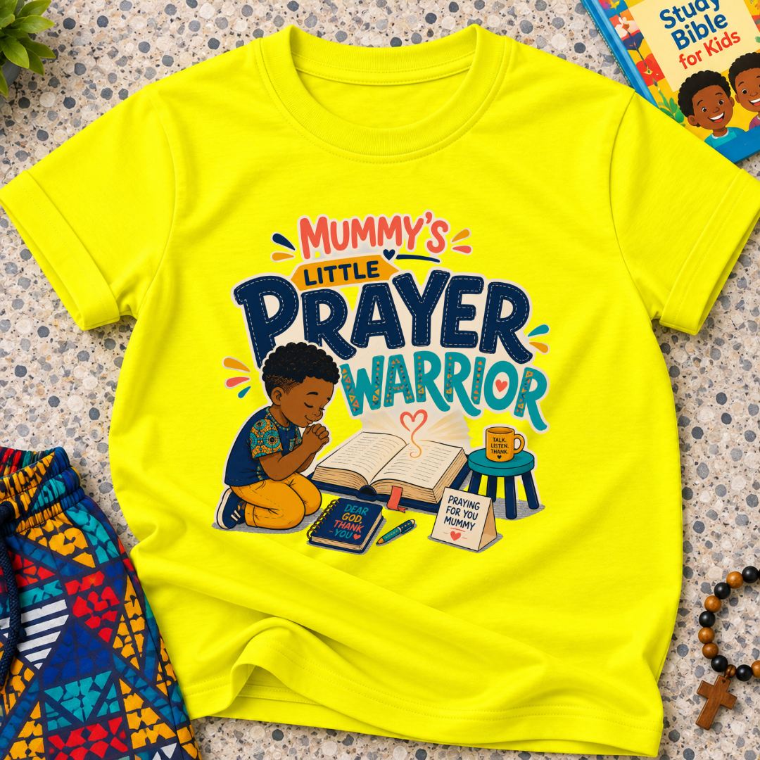 Mummy's Little Prayer Warrior Christian kids shirt in yellow featuring a child praying beside books and faith-inspired details
