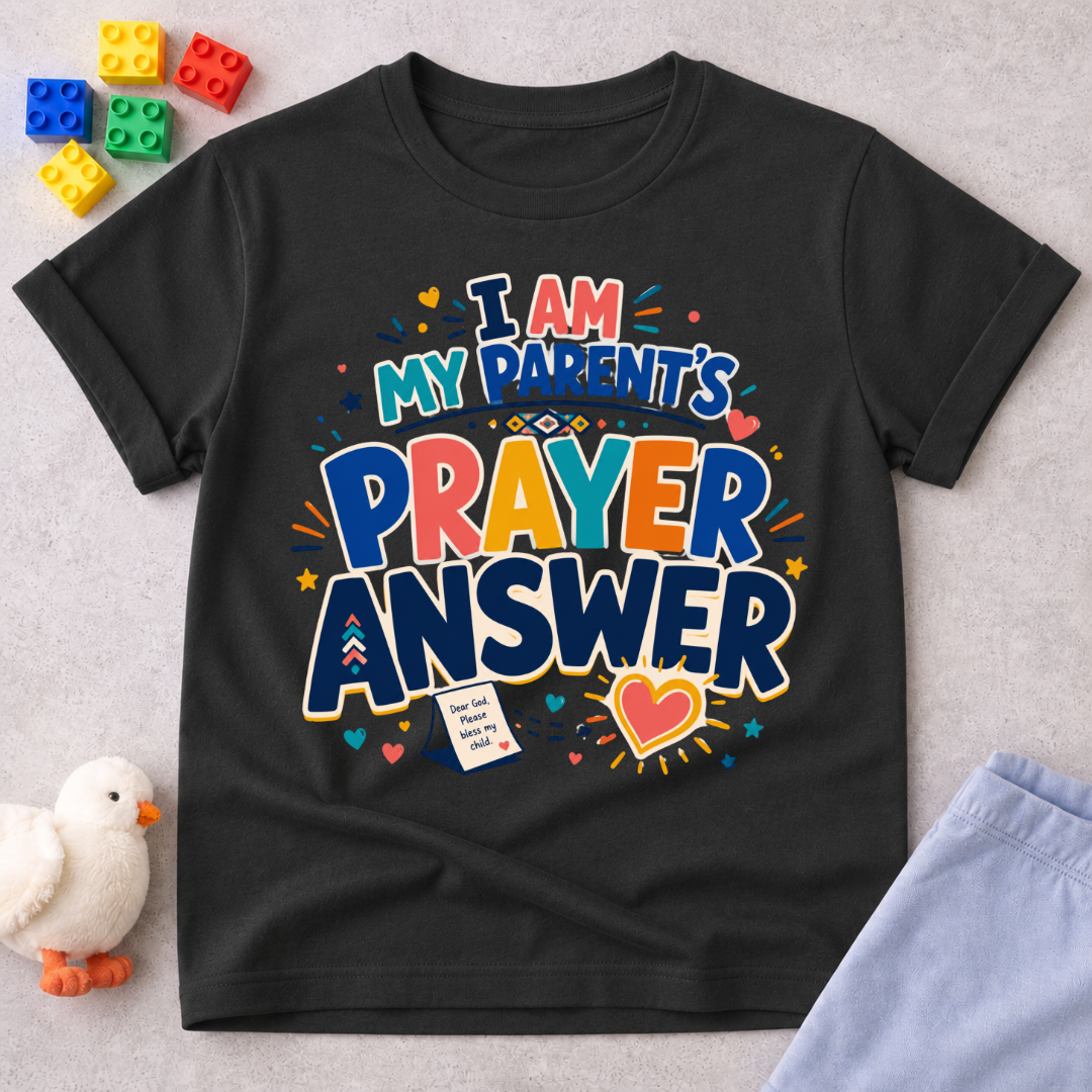 My Parent's Prayer Answer Christian kids shirt in black featuring colourful lettering, hearts, and prayer-themed artwork
