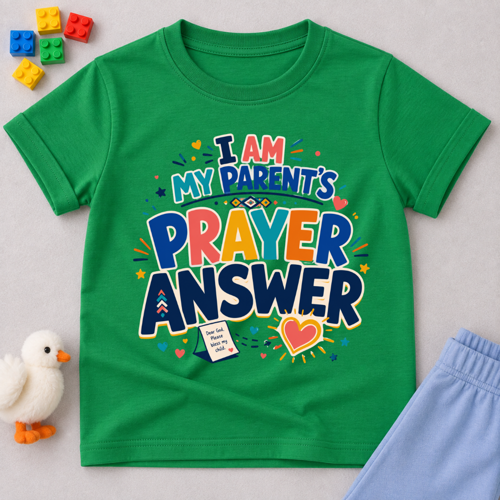 My Parent's Prayer Answer Christian kids shirt in green featuring colourful lettering, hearts, and prayer-themed artwork
