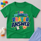 My Parent's Prayer Answer Christian kids shirt in green featuring colourful lettering, hearts, and prayer-themed artwork
