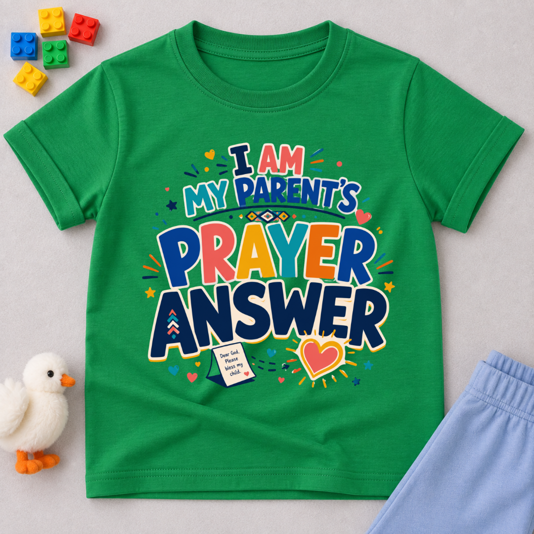 My Parent's Prayer Answer Christian kids shirt in green featuring colourful lettering, hearts, and prayer-themed artwork
