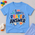 My Parent's Prayer Answer Christian kids shirt in light blue featuring colourful lettering, hearts, and prayer-themed artwork
