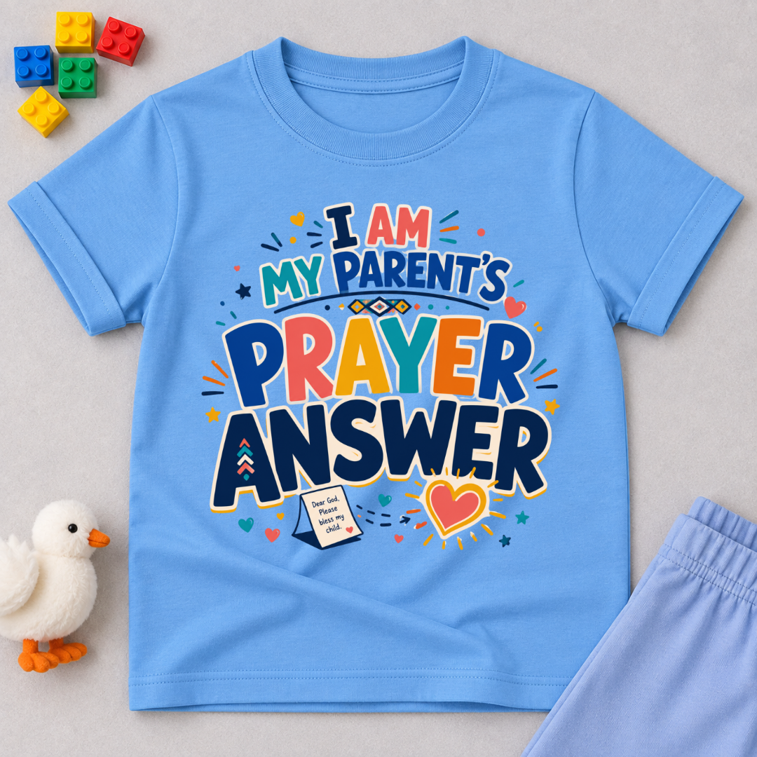 My Parent's Prayer Answer Christian kids shirt in light blue featuring colourful lettering, hearts, and prayer-themed artwork
