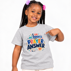 My Parent's Prayer Answer Christian kids shirt in light grey featuring colourful lettering, hearts, and prayer-themed artwork
