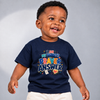 My Parent's Prayer Answer Christian kids shirt in navy blue featuring colourful lettering, hearts, and prayer-themed artwork
