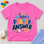 My Parent's Prayer Answer Christian kids shirt in pink featuring colourful lettering, hearts, and prayer-themed artwork
