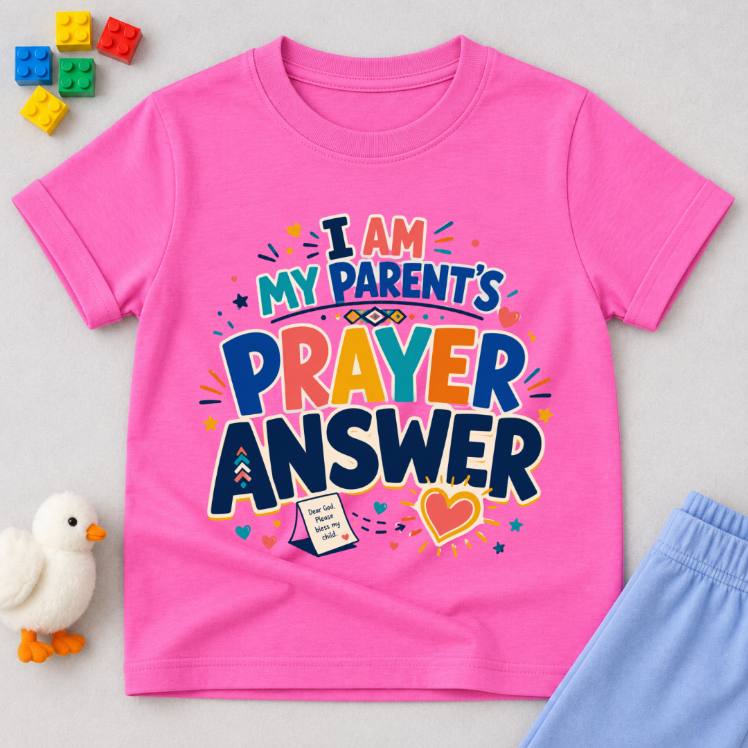 My Parent's Prayer Answer Christian kids shirt in pink featuring colourful lettering, hearts, and prayer-themed artwork
