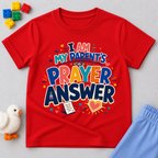 My Parent's Prayer Answer Christian kids shirt in red featuring colourful lettering, hearts, and prayer-themed artwork
