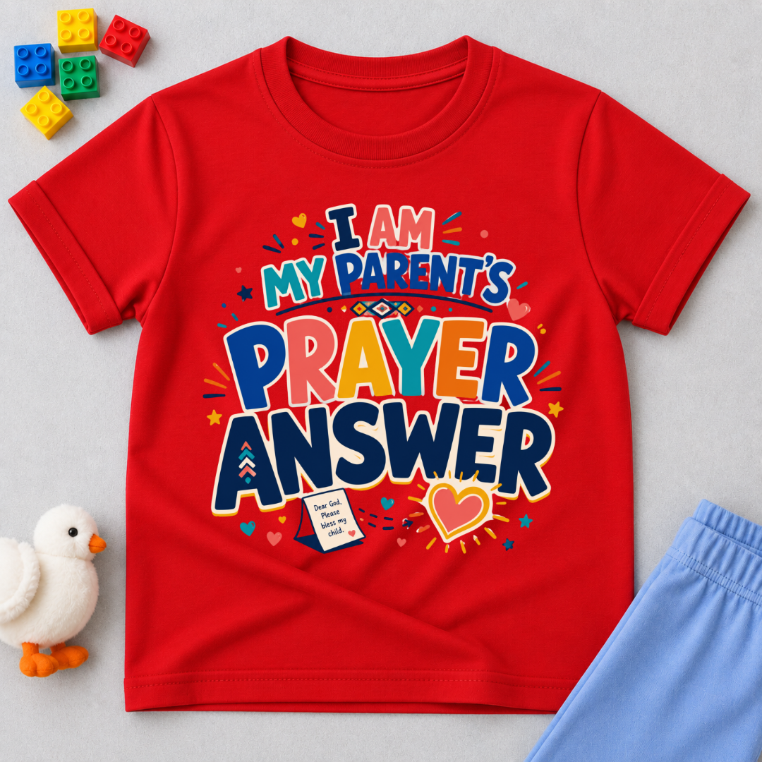 My Parent's Prayer Answer Christian kids shirt in red featuring colourful lettering, hearts, and prayer-themed artwork
