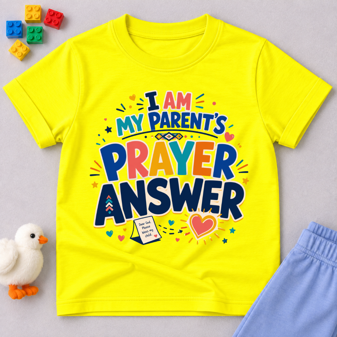 My Parent's Prayer Answer Christian kids shirt in yellow featuring colourful lettering, hearts, and prayer-themed artwork
