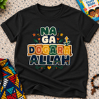 Na Ga Dogara Allah Hausa-language kids shirt in black featuring bold block lettering and colourful decorative details
