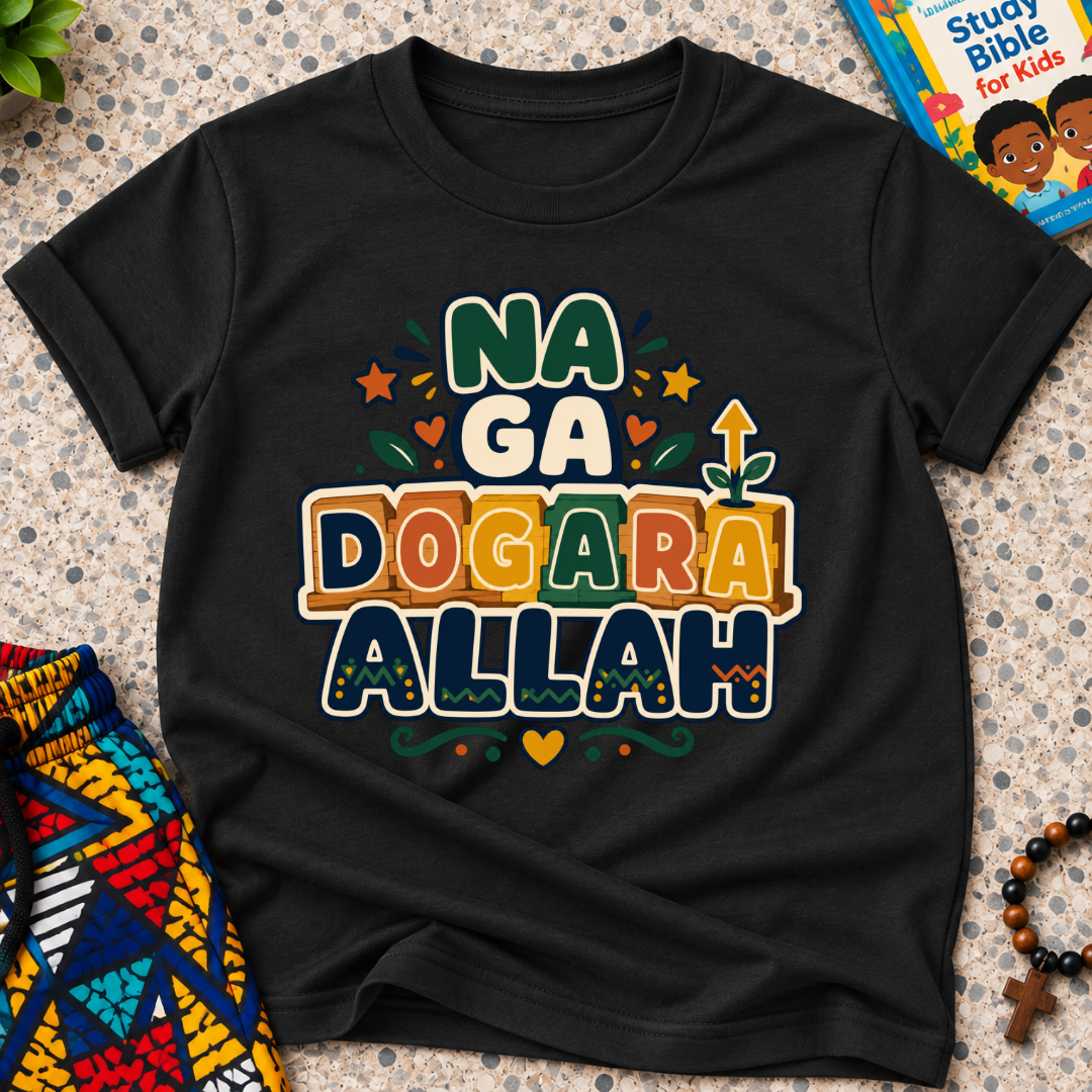 Na Ga Dogara Allah Hausa-language kids shirt in black featuring bold block lettering and colourful decorative details
