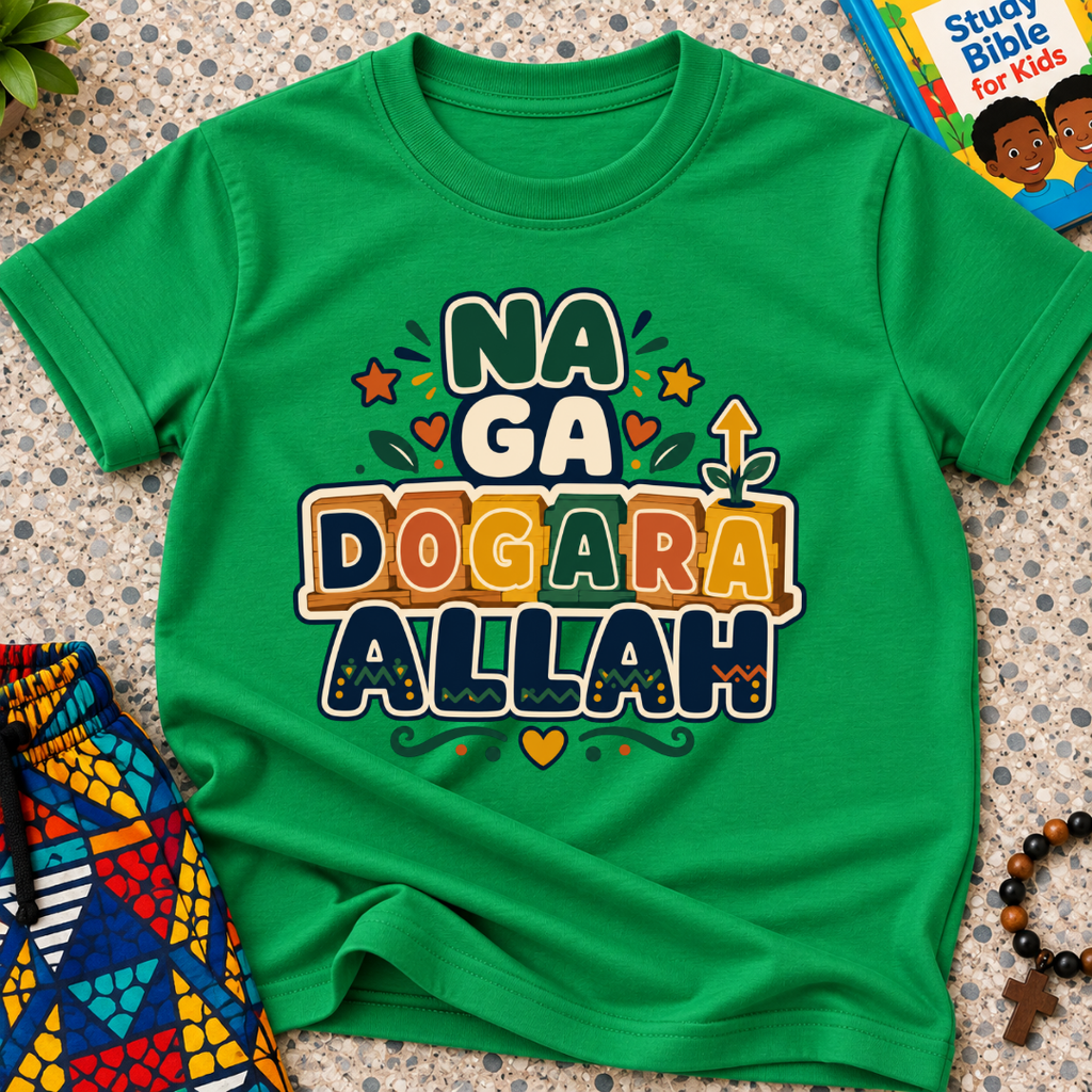Na Ga Dogara Allah Hausa-language kids shirt in green featuring bold block lettering and colourful decorative details
