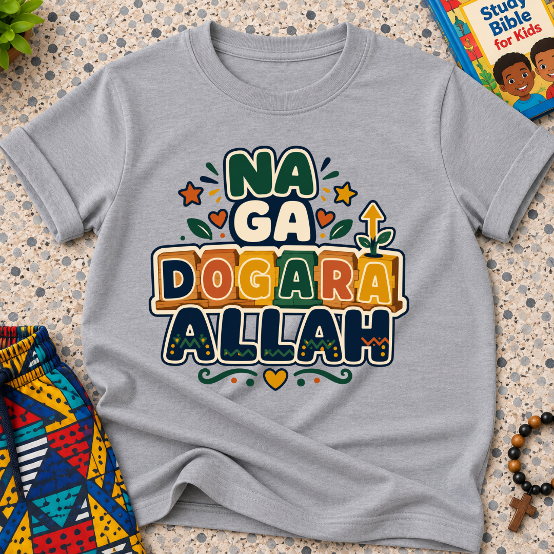 Na Ga Dogara Allah Hausa-language kids shirt in grey featuring bold block lettering and colourful decorative details
