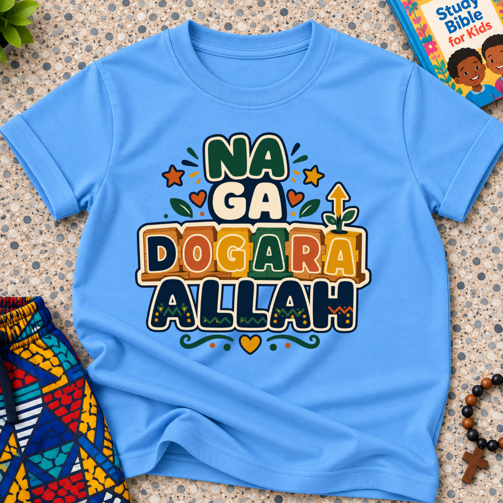Na Ga Dogara Allah Hausa-language kids shirt in light blue featuring bold block lettering and colourful decorative details
