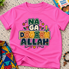 Na Ga Dogara Allah Hausa-language kids shirt in pink featuring bold block lettering and colourful decorative details

