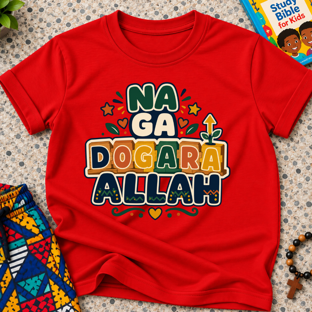 Na Ga Dogara Allah Hausa-language kids shirt in red featuring bold block lettering and colourful decorative details
