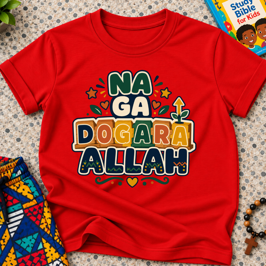 Na Ga Dogara Allah Hausa-language kids shirt in red featuring bold block lettering and colourful decorative details
