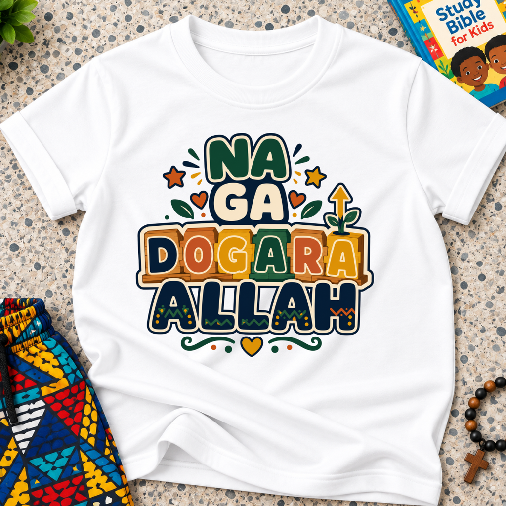 Na Ga Dogara Allah Hausa-language kids shirt in white featuring bold block lettering and colourful decorative details
