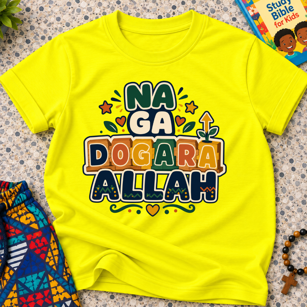 Na Ga Dogara Allah Hausa-language kids shirt in yellow featuring bold block lettering and colourful decorative details
