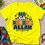 Na Ga Dogara Allah Hausa-language kids shirt in yellow featuring bold block lettering and colourful decorative details
