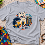 Na God It's All God Christian kids shirt in grey featuring bold Nigerian-inspired typography and faith artwork
