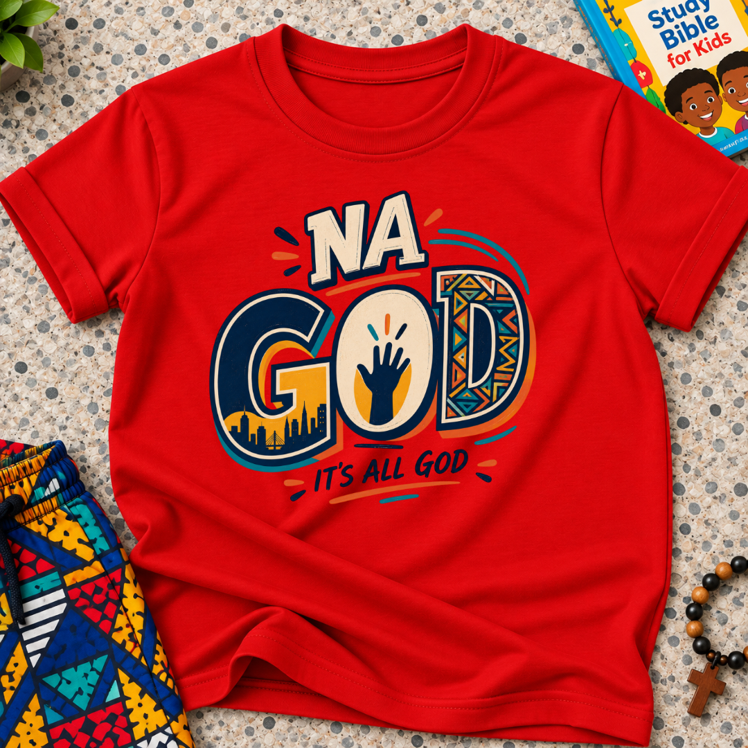 Na God It's All God Christian kids shirt in red featuring bold Nigerian-inspired typography and faith artwork
