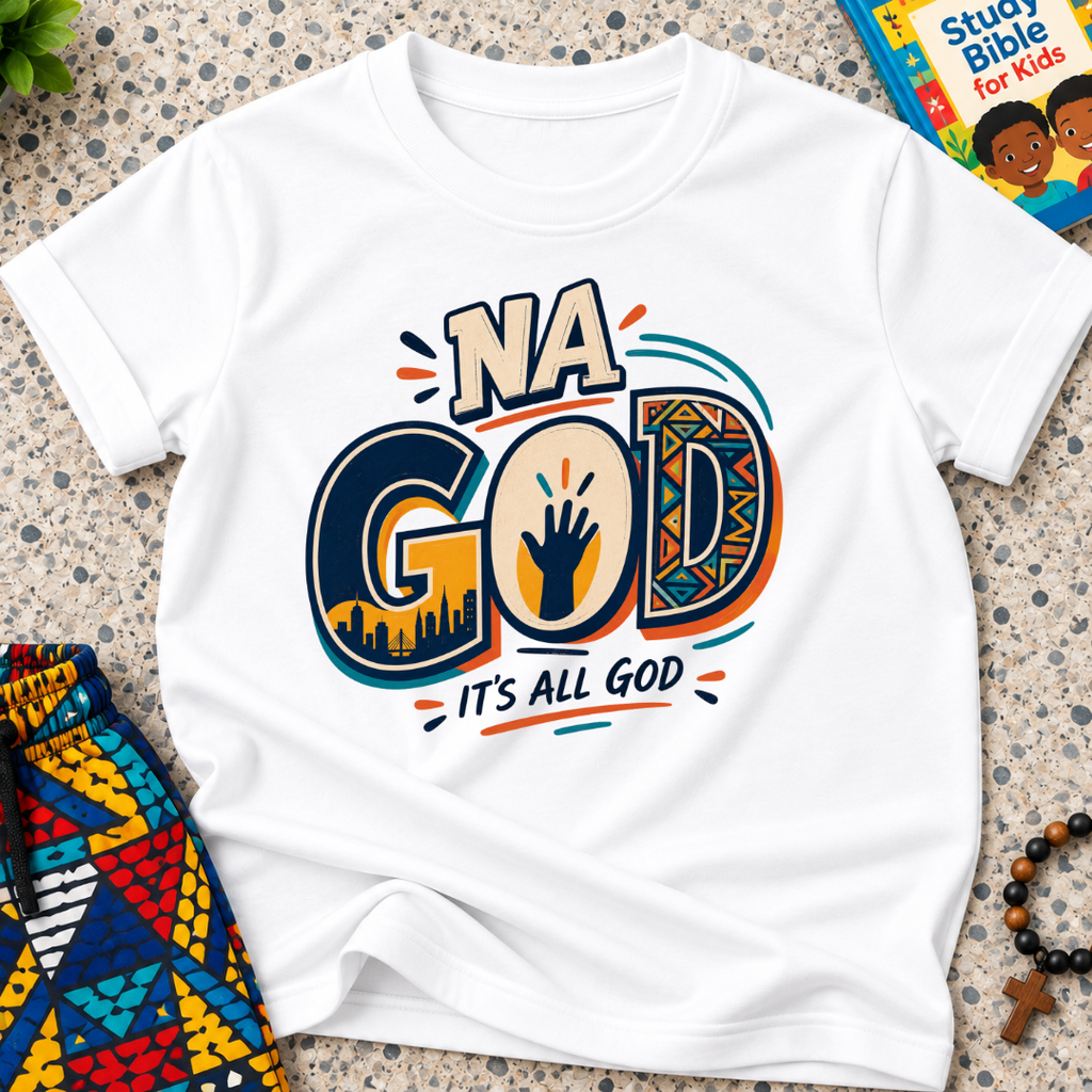 Na God It's All God Christian kids shirt in white featuring bold Nigerian-inspired typography and faith artwork
