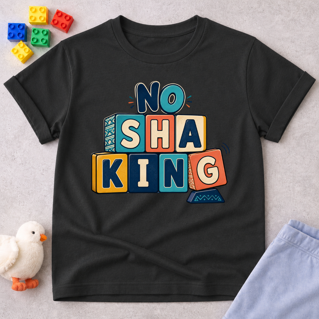 No Shaking Christian kids shirt in black featuring bold colourful block lettering and a Nigerian Pidgin message
