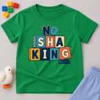 No Shaking Christian kids shirt in green featuring bold colourful block lettering and a Nigerian Pidgin message
