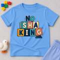 No Shaking Christian kids shirt in light blue featuring bold colourful block lettering and a Nigerian Pidgin message
