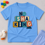 No Shaking Christian kids shirt in light blue featuring bold colourful block lettering and a Nigerian Pidgin message
