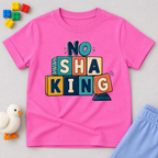 No Shaking Christian kids shirt in pink featuring bold colourful block lettering and a Nigerian Pidgin message
