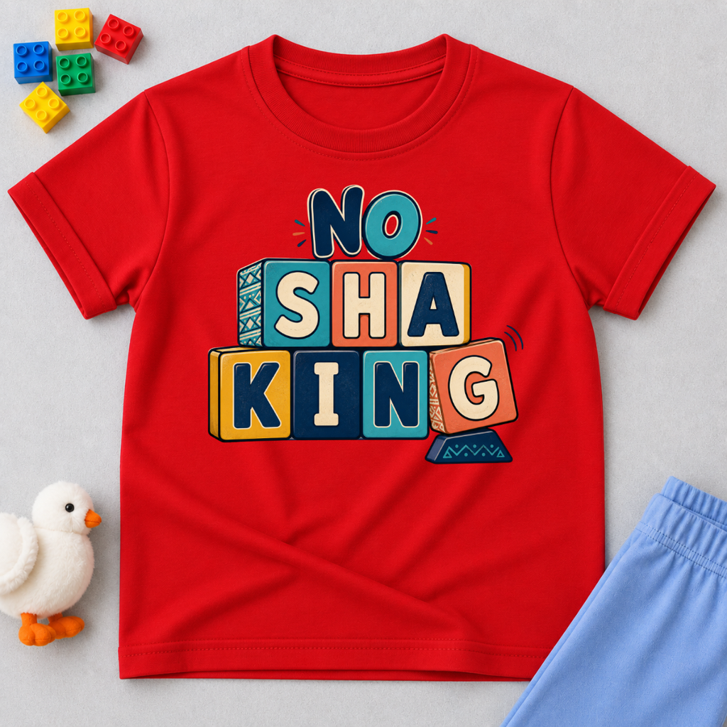 No Shaking Christian kids shirt in red featuring bold colourful block lettering and a Nigerian Pidgin message
