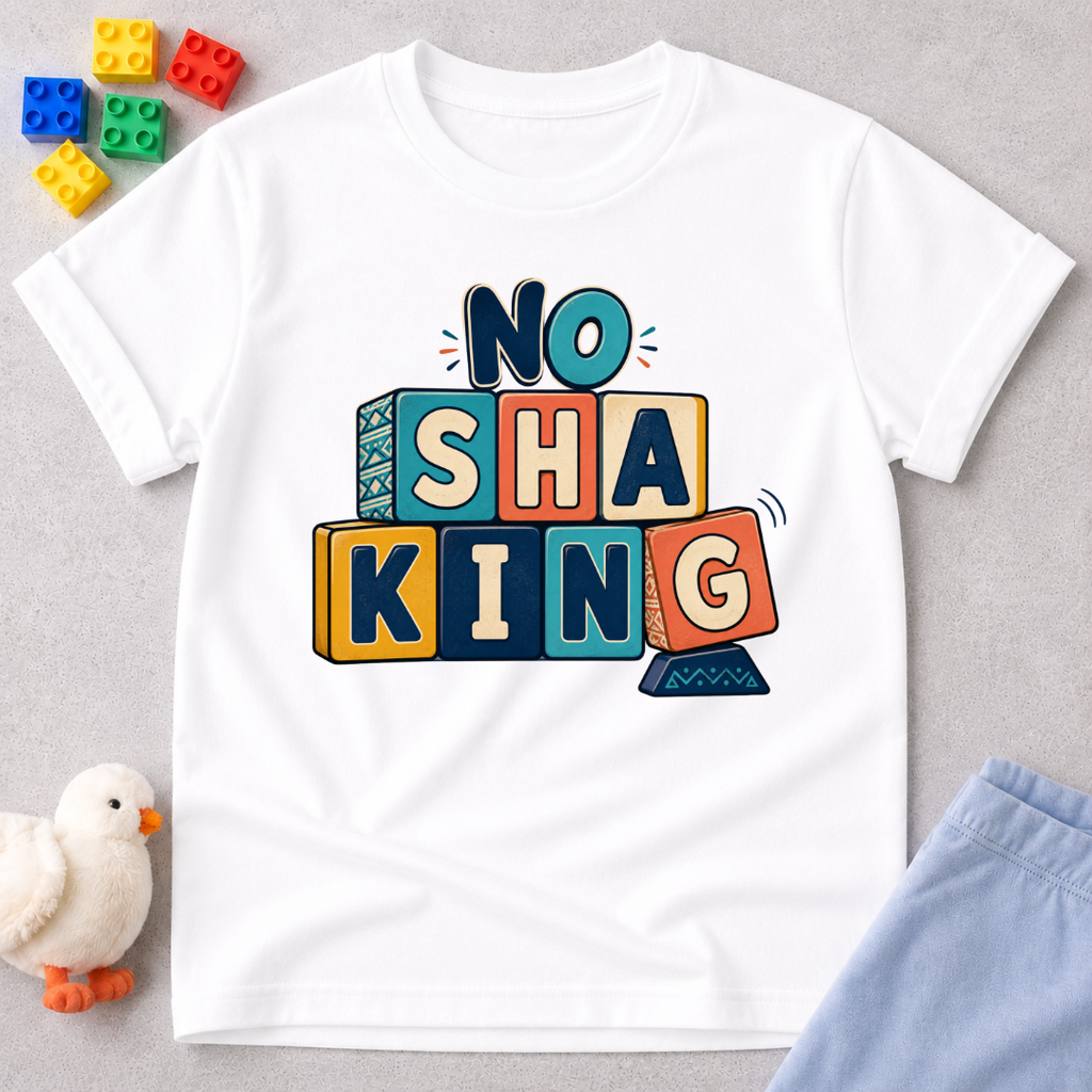 No Shaking Christian kids shirt in white featuring bold colourful block lettering and a Nigerian Pidgin message
