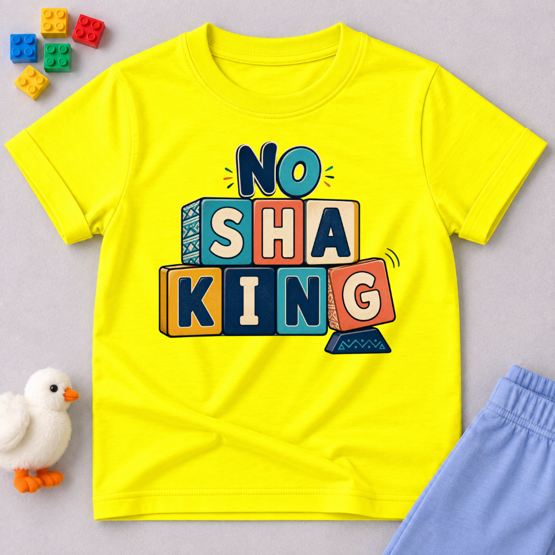 No Shaking Christian kids shirt in yellow featuring bold colourful block lettering and a Nigerian Pidgin message
