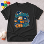 No Wahala, God Dey Christian kids shirt in black featuring a colourful Nigerian truck illustration and Pidgin faith message
