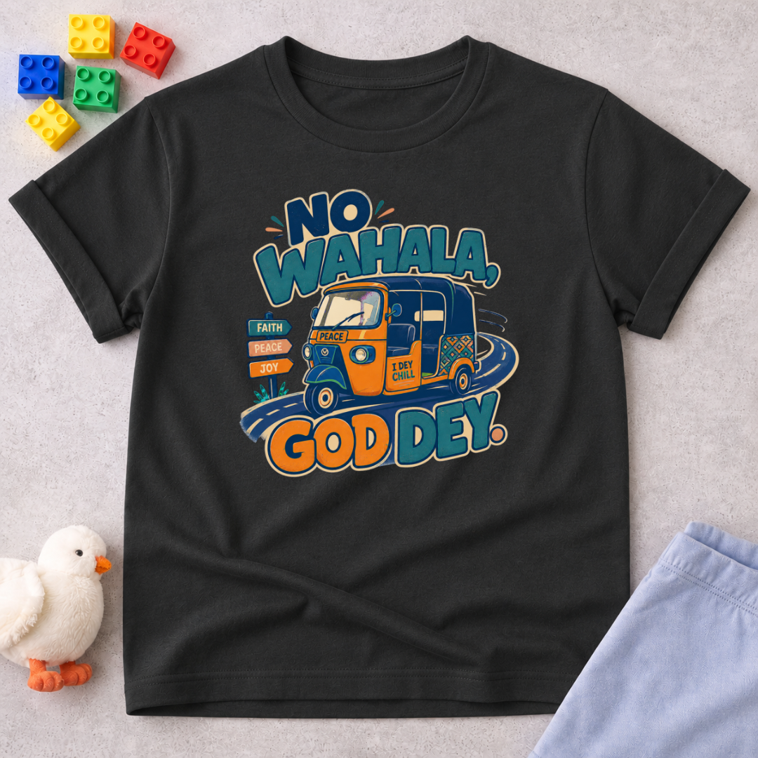 No Wahala, God Dey Christian kids shirt in black featuring a colourful Nigerian truck illustration and Pidgin faith message
