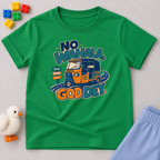No Wahala, God Dey Christian kids shirt in green featuring a colourful Nigerian truck illustration and Pidgin faith message
