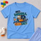 No Wahala, God Dey Christian kids shirt in light blue featuring a colourful Nigerian truck illustration and Pidgin faith message

